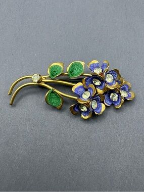 Antique Suffragette Floral Purple and Green Enamel Brooch with Rhinestones